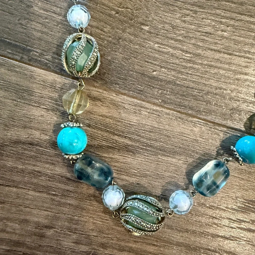 1928 Jewelry Co Turquoise Blue Glass Bead Silver Tone Filigree Necklace 18 Inch